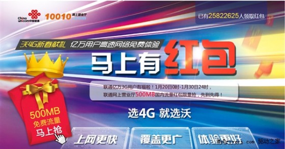 聯(lián)通3G促銷:用戶領(lǐng)紅包可獲2月國內(nèi)500M流量