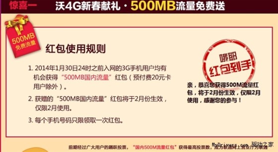 聯(lián)通3G促銷:用戶領(lǐng)紅包可獲2月國內(nèi)500M流量